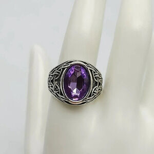 Purple Glass Rhinestone Celtic Knot Silver Tone Ring Size 10.5 Vintage